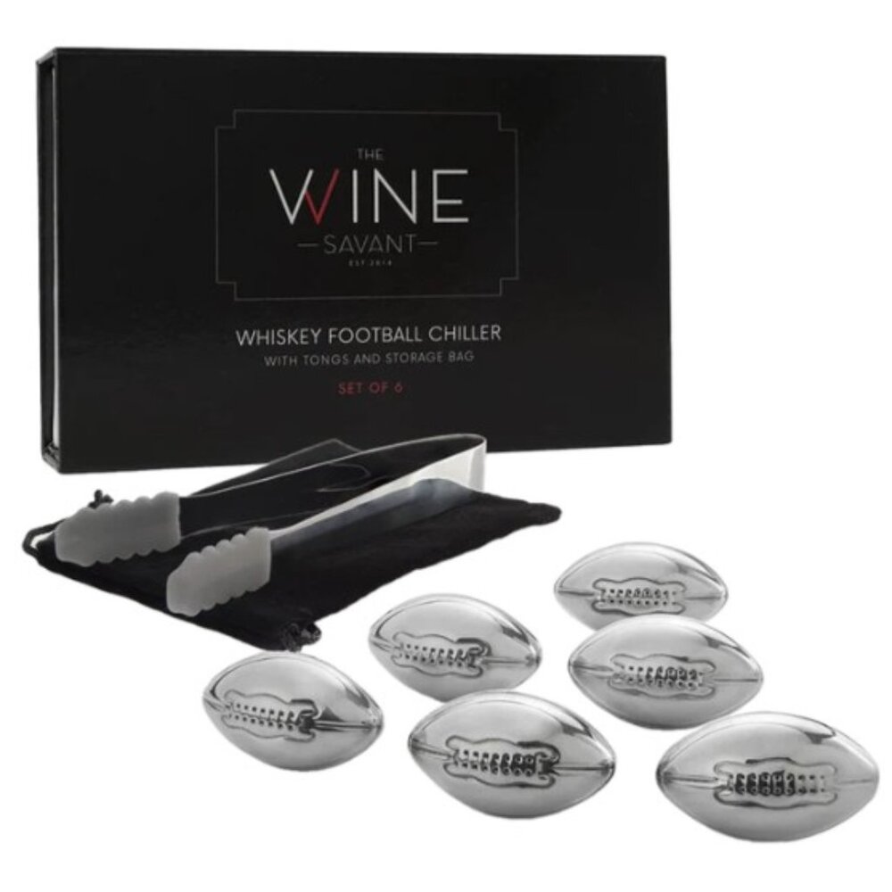 The Wine Savant Set of 6 Whiskey Rugby Chillers Stainless Steel with Tongs New